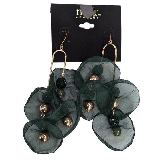Green Organza Petal Earrings With Gold Beads - Picture 1 of 7